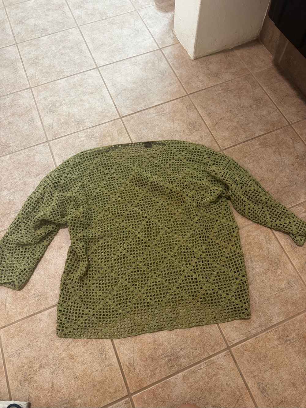 Open-Knit Olive Green Crochet Sweater Top